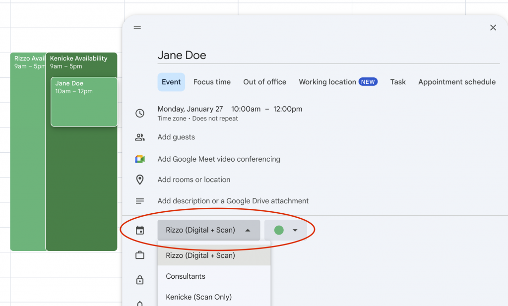 A screenshot highlighting the calendar drop down option on Google Calendar Events